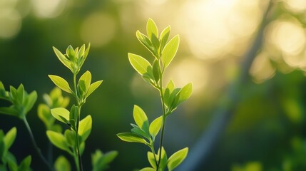 Obraz premium Lush green leaves bathed in soft sunlight, creating a serene and vibrant atmosphere.
