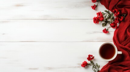 A cozy setting with a cup of warm tea surrounded by vibrant red flowers, creating a serene atmosphere perfect for relaxation or a delightful tea time experience.
