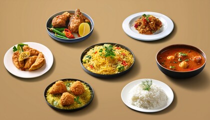 Fototapeta premium Assortment of Traditional Asian Foods Set Collection – Chicken with Rice, Samosa, Lasagna, Salmon Salad, Schnitzel, Kofta, Chicken Curry, Falafel, Biryani, Shrimp – Different Food Dishes Set