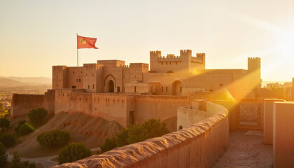 Fototapeta premium Golden sunset over ancient kasbah fortress, historical beauty