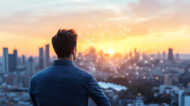 Businessman admiring the intricate network of a smart city, basking in the warm glow of a breathtaking sunset, envisioning future possibilities