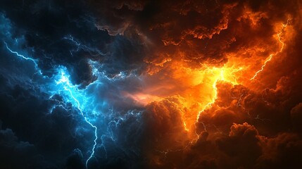 Fototapeta premium Dramatic clash of fire and ice: Vibrant orange and blue lightning storm in dark sky. Epic fantasy battle concept for book cover or game artwork with copy space