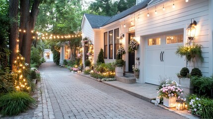 Fototapeta premium Evening street scene, charming houses, garden lights, cobblestone pathway, summer ambiance, ideal for real estate or lifestyle marketing