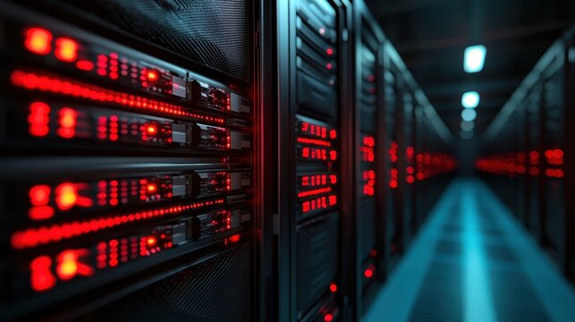This image focuses on a close-up view of rack servers fitted with red lights, symbolizing the importance of technology in modern data management and processing solutions.