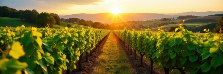 Fototapeta premium Sun-drenched Freiburg vineyards, rows of vines , vine leaves, hills