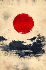 Traditional Japanese flag displayed against a bright sky, symbolizing hope, renewal, and national pride, often seen in official events, book-style illustration