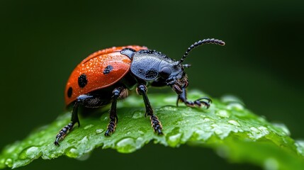 Naklejka premium An exquisite close-up of a ladybug perched on a green leaf, showcasing the intricate details of its body and evoking a sense of nature's beauty and delicacy.