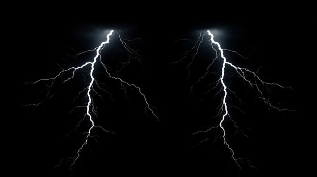 Bright lightning bolts striking against dark night sky. Powerful electrical storm. Natural phenomenon. Dramatic weather for background or wallpaper with copy space