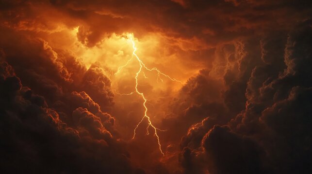Dramatic lightning bolt striking through stormy orange sky. Powerful natural phenomenon. Intense thunderstorm scene. Atmospheric background for weather-related designs - Powered by Adobe