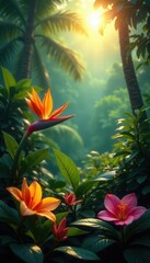 Sun-drenched vibrant flowers amidst dense tropical foliage,  blossom,  flowering plants,  leaves