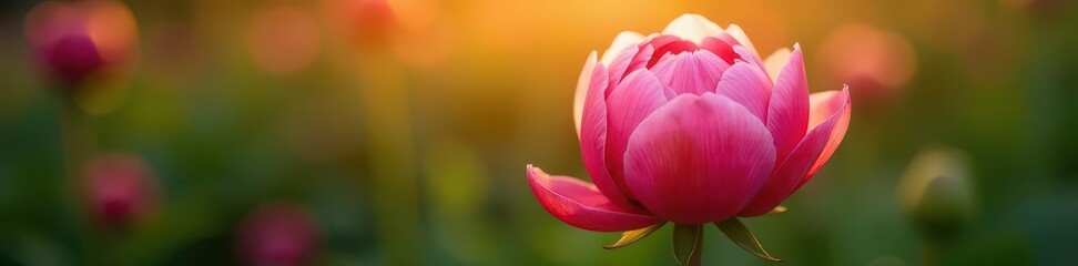 Fototapeta premium Sunlit peony bud, tightly furled, vibrant pink hues, unopened, delicate, blossom