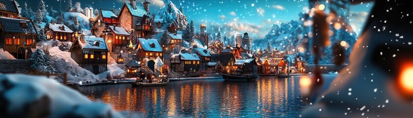 Fototapeta premium Vibrant medieval hill town in winter, snowdusted colorful homes and warm lights, cozy seasonal scene, festive and vibrant village