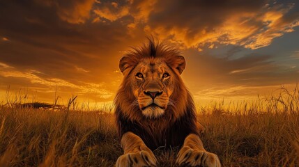 Majestic male lion resting in tall grass at sunset, showcasing its powerful presence against a vibrant sky.