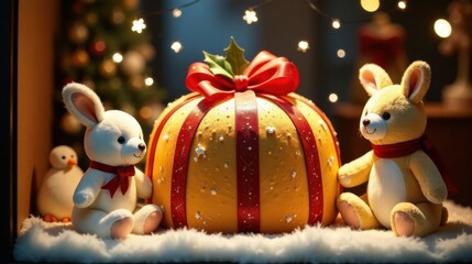 Festive Season A Gift of Joy, Surrounded by Plush Bunnies and a Festive Bird, All Nestled in a Snowy Scene