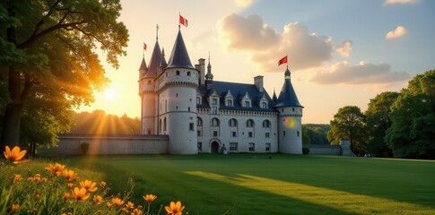 Obraz premium Sunlit Chateau de Vincennes, French flag waving , sunny, history, royal