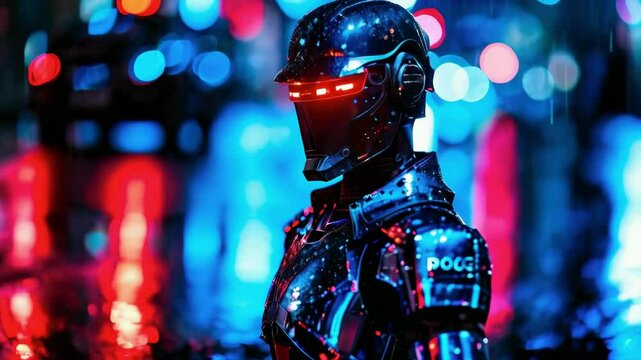 Futuristic android police robot patrolling neon lit city street at night with cyberpunk atmosphere new beautiful stock video footage animation AI
