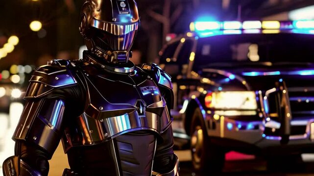 Futuristic android police robot patrolling neon lit city street at night with cyberpunk atmosphere new beautiful stock video footage animation AI