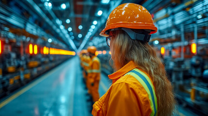 Obraz premium An industrial engineer wearing a yellow safety helmet and orange safety jacket stands in a factory setting, surrounded by other workers