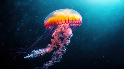 Naklejka premium This stunning image captures a vibrant jellyfish gracefully swimming in deep ocean waters, showcasing its vivid colors and delicate, flowing tentacles.