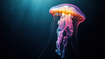 An enchanting jellyfish floats gracefully in the depths, illuminated by soft hues of pink and orange, showcasing its delicate tentacles and bioluminescent beauty in dark waters.