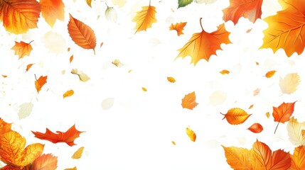 Fototapeta premium A vibrant display of autumn leaves in various shades of orange and yellow falling against a soft white background.