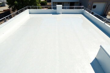 A newly constructed modern flat roof with a white seamless coating and stainless steel railings