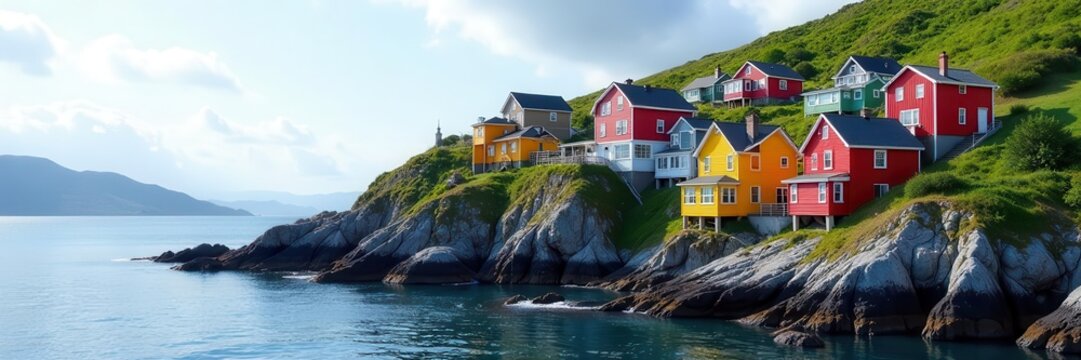 Vibrant houses cling to St  John's hillside, showcasing Newfoundland architecture ,  scenic view,  Atlantic Canada,  colorful houses