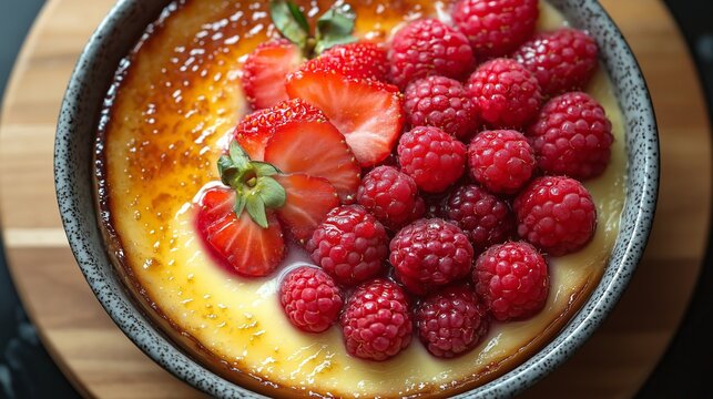 Creme brulee, creamy dessert featuring caramelized sugar crust and rich custard base topped with fresh raspberries and strawberries served in a rustic bowl on a wooden surface for culinary web site