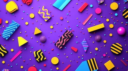A colorful assortment of geometric shapes and patterns on a vibrant purple background, creating a playful and dynamic visual.