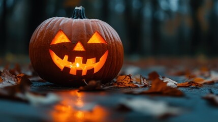 A glowing jack-o'-lantern carved with a whimsical face, surrounded by autumn leaves.