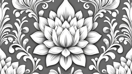 Floral design with lotus flower in monochrome pattern for creative backgrounds, prints, fabrics