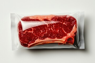 meat vacuum-sealed . fresh halal food and grocery. Fresh steak packaged in clear plastic for display or sale.