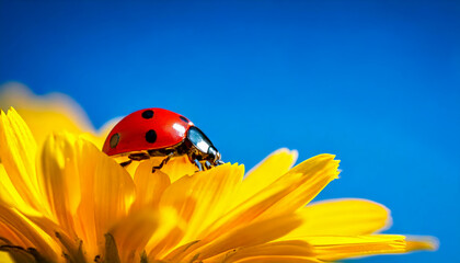 Fototapeta premium A ladybird collecting pollen from a vibrant yellow flower, set against a clear blue sky. The scene captures the beauty of nature, showcasing the insect’s delicate features and its role in pollination.