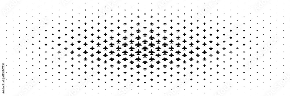 Poster horizontal halftone of black fighter plane with bomb and missile spread from center on white.