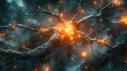 Glowing Neuron Firing, Synaptic Activity, Neural Network, Abstract Background, Medical Illustration