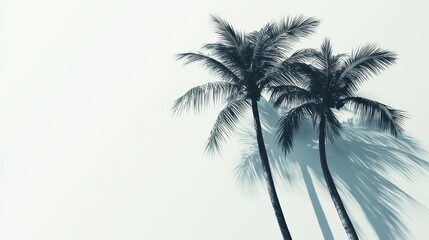 Obraz premium Two tall palm trees cast long shadows against a soft, light background, evoking a serene tropical vibe.