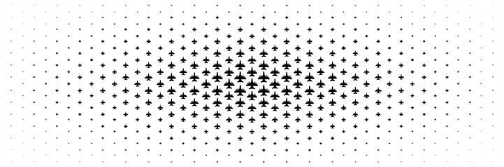 horizontal halftone of black fighter plane with bomb and missile spread from center on white.