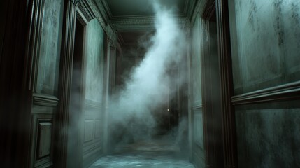 A haunting corridor shrouded in mist, revealing an eerie atmosphere perfect for a suspenseful narrative.