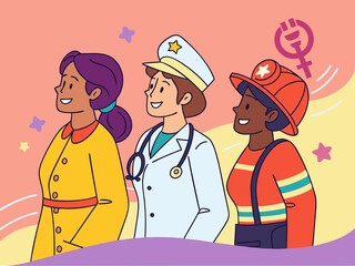 Group of ladies in the uniform of men's professions. International women's day concept.