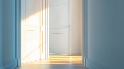 Fototapeta premium A softly lit hallway with an open door, inviting warmth and light into the serene space.