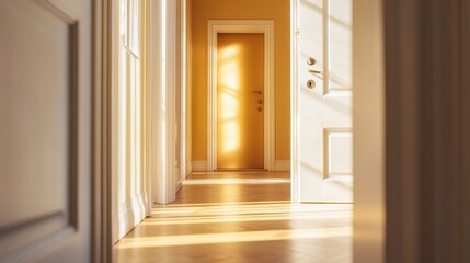 A warm, inviting hallway with sunlight streaming through, highlighting a bright yellow door at the end.