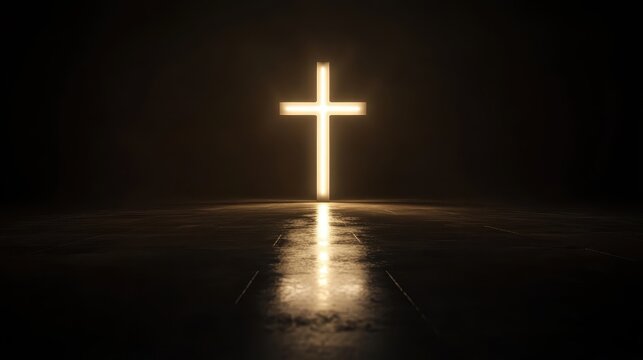 A glowing cross illuminated against a dark background, symbolizing hope and faith.
