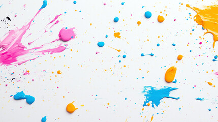Obraz premium A creative abstract paint splatter background with vibrant colors on a white surface, perfect for artistic and dynamic projects.