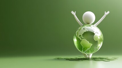 A cheerful 3D character celebrates the Earth, symbolizing environmental awareness and sustainability.