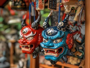 Fototapeta premium Red and blue oni masks hanging in a shrine, representing the mythical demons of Setsubun