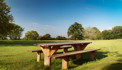 Obraz premium wooden bench and table in a sunny park with trees grass and a clear sky