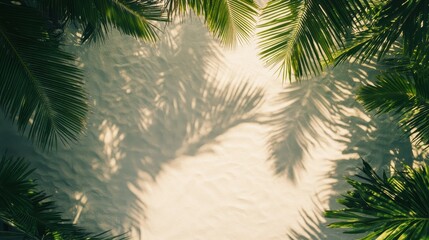 Obraz premium Lush green palm leaves frame a sunlit sandy beach, creating a tranquil and inviting tropical atmosphere.