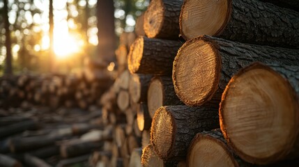 Sunlit tree logs stacked in a serene forest setting, showcasing natural textures and warm tones.
