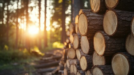 A stack of freshly cut logs bathed in warm sunlight in a serene forest setting, highlighting the textures of the wood.