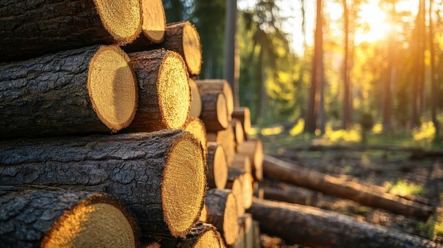Sunlit cut logs stacked in a serene forest, showcasing the beauty of nature's timber.